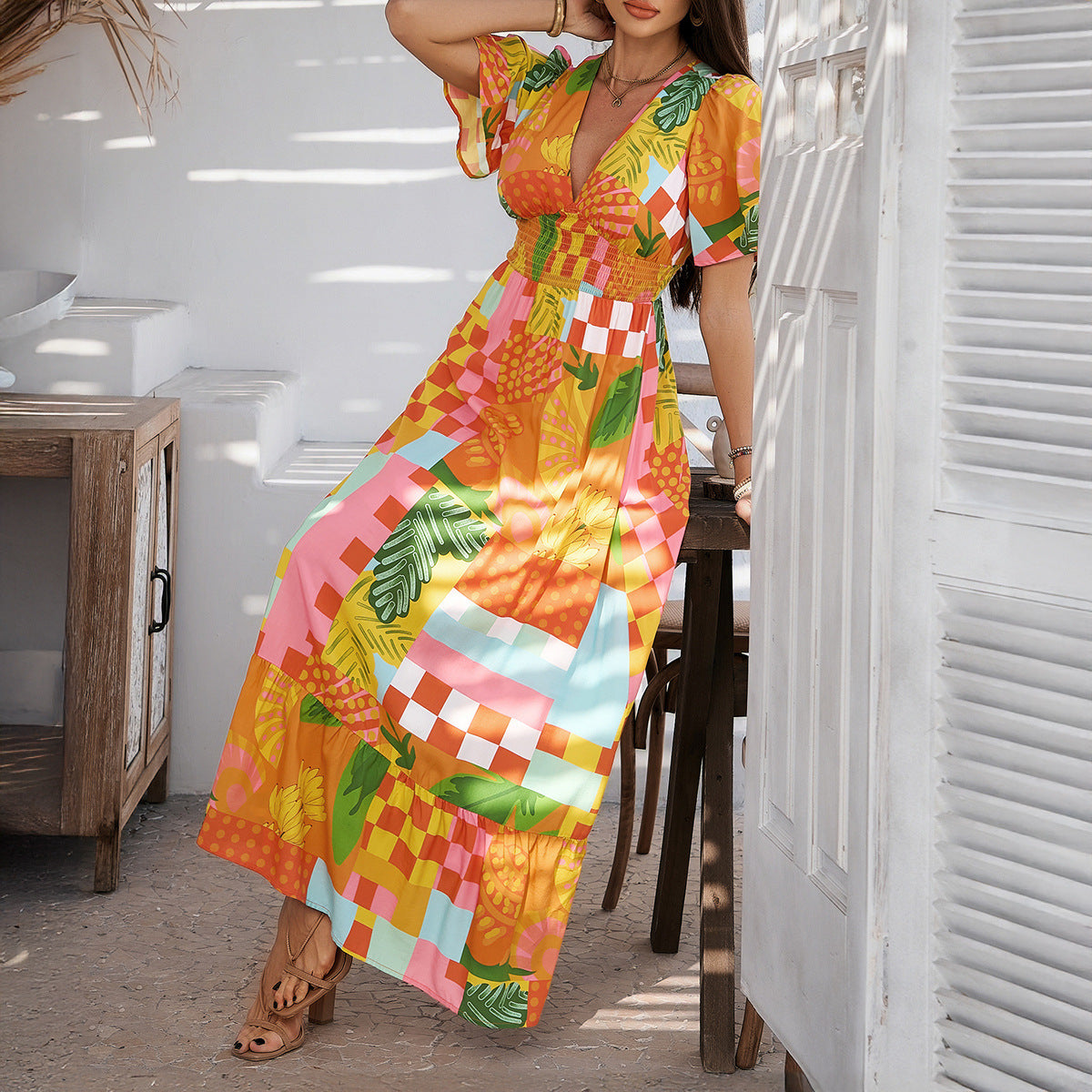 Women’s Boho Maxi Dress – Lightweight Cotton – V-Neck – High Waist – Short Sleeve – Printed Floral Summer Style – S–XL