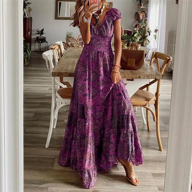 Women’s Boho Maxi Dress Tiered Flowy Design Short Sleeve Smocked Waist Lightweight Fabric Summer Casual Style S–XL