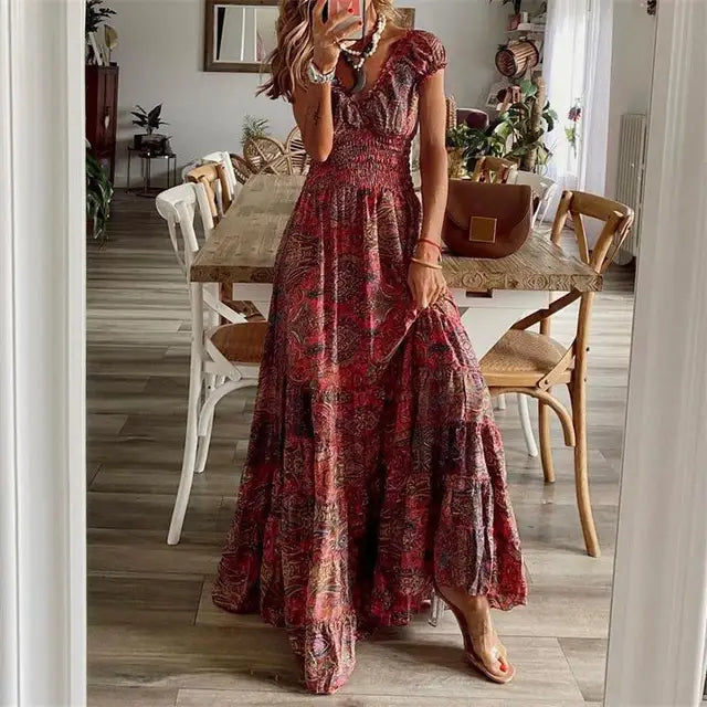 Women’s Boho Maxi Dress – Tiered Flowy Design – Short Sleeve – Smocked Waist – Lightweight Fabric – Summer Casual Style – S–3XL