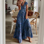 Women’s Boho Maxi Dress – Tiered Flowy Design – Short Sleeve – Smocked Waist – Lightweight Fabric – Summer Casual Style – S–3XL