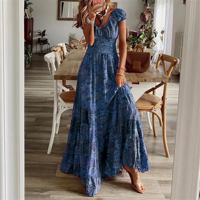 Women’s Boho Maxi Dress Tiered Flowy Design Short Sleeve Smocked Waist Lightweight Fabric Summer Casual Style S–XL