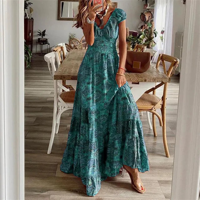 Women’s Boho Maxi Dress Tiered Flowy Design Short Sleeve Smocked Waist Lightweight Fabric Summer Casual Style S–XL