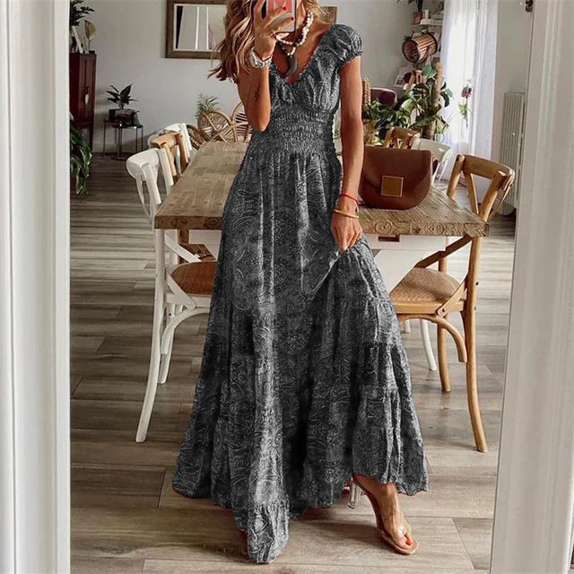 Women’s Boho Maxi Dress – Tiered Flowy Design – Short Sleeve – Smocked Waist – Lightweight Fabric – Summer Casual Style – S–3XL