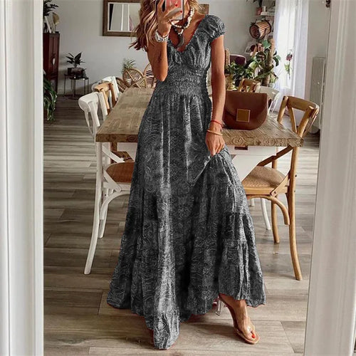 Women’s Boho Maxi Dress – Tiered Flowy Design – Short Sleeve – Smocked Waist – Lightweight Fabric – Summer Casual Style – S–3XL