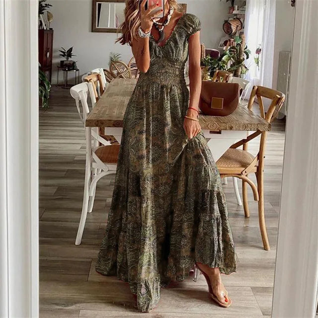 Women’s Boho Maxi Dress Tiered Flowy Design Short Sleeve Smocked Waist Lightweight Fabric Summer Casual Style S–XL