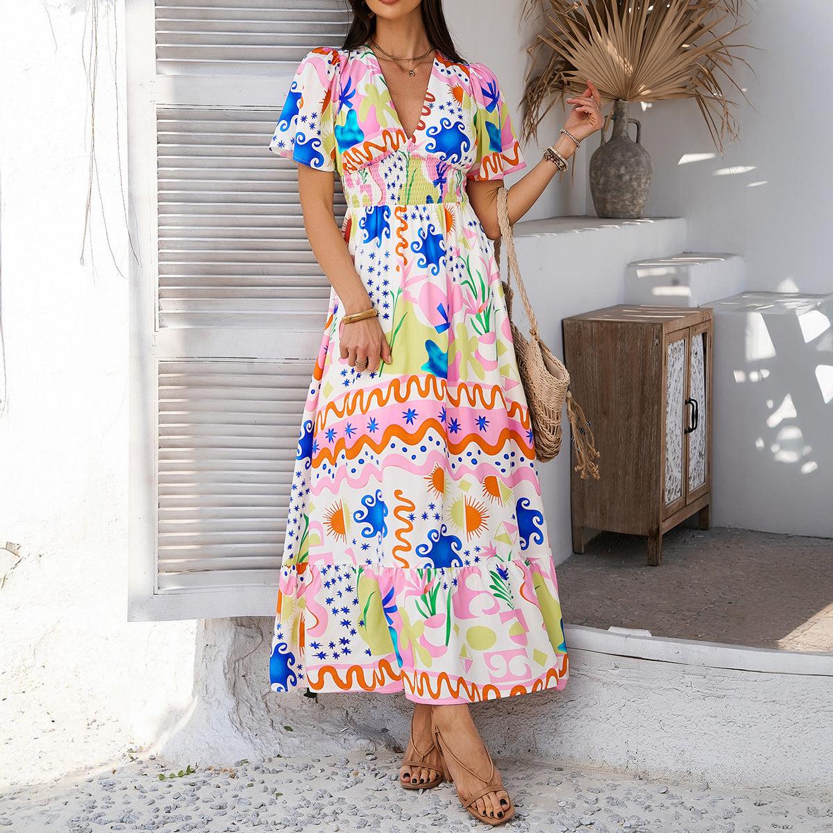 Women’s Boho Maxi Dress – Lightweight Cotton – V-Neck – High Waist – Short Sleeve – Printed Floral Summer Style – S–XL