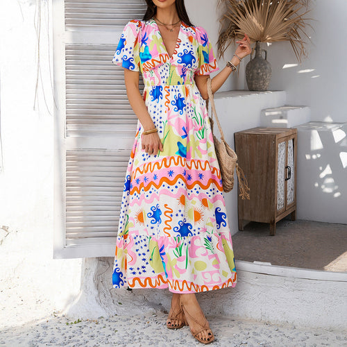 Women’s Boho Maxi Dress – Lightweight Cotton – V-Neck – High Waist – Short Sleeve – Printed Floral Summer Style – S–XL