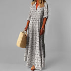 Women’s Vintage Maxi Dress – Lightweight Cotton – Loose Fit – V-Neck – 3/4 Sleeve – Floral Print – Boho Summer Style – S–2XL