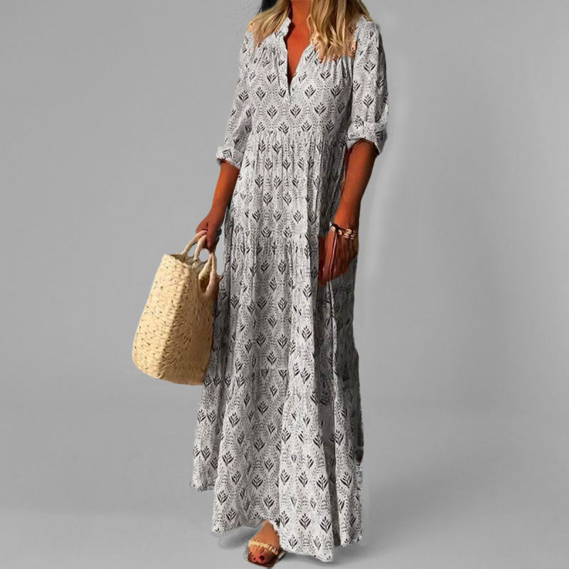 Women’s Vintage Maxi Dress – Lightweight Cotton – Loose Fit – V-Neck – 3/4 Sleeve – Floral Print – Boho Summer Style – S–2XL