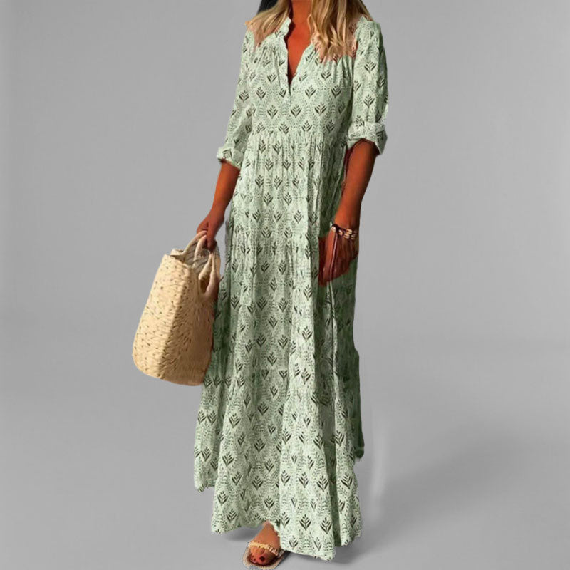 Women’s Vintage Maxi Dress – Lightweight Cotton – Loose Fit – V-Neck – 3/4 Sleeve – Floral Print – Boho Summer Style – S–2XL