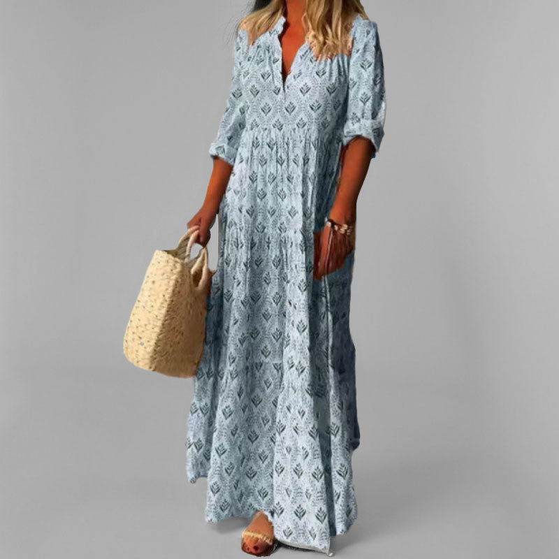 Women’s Vintage Maxi Dress – Lightweight Cotton – Loose Fit – V-Neck – 3/4 Sleeve – Floral Print – Boho Summer Style – S–2XL