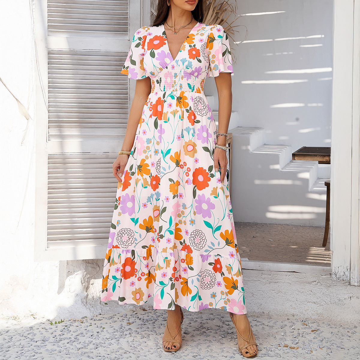 Women’s Boho Maxi Dress – Lightweight Cotton – V-Neck – High Waist – Short Sleeve – Printed Floral Summer Style – S–XL