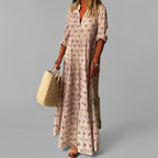 Women’s Vintage Maxi Dress – Lightweight Cotton – Loose Fit – V-Neck – 3/4 Sleeve – Floral Print – Boho Summer Style – S–2XL