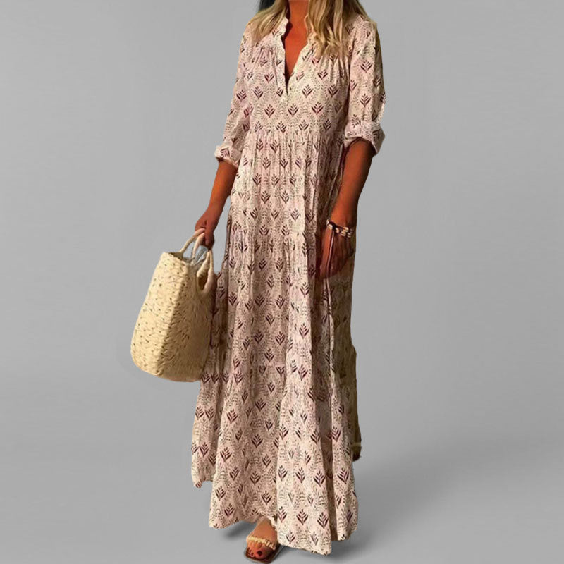 Women’s Vintage Maxi Dress – Lightweight Cotton – Loose Fit – V-Neck – 3/4 Sleeve – Floral Print – Boho Summer Style – S–2XL